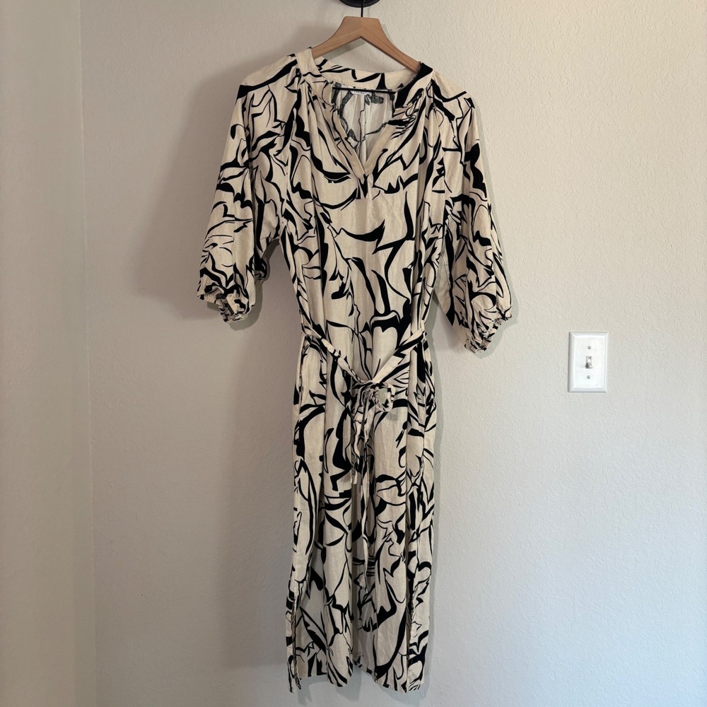 Kaktus Dress Midi Large Linen Blend Abstract Print White Black Coastal Boho